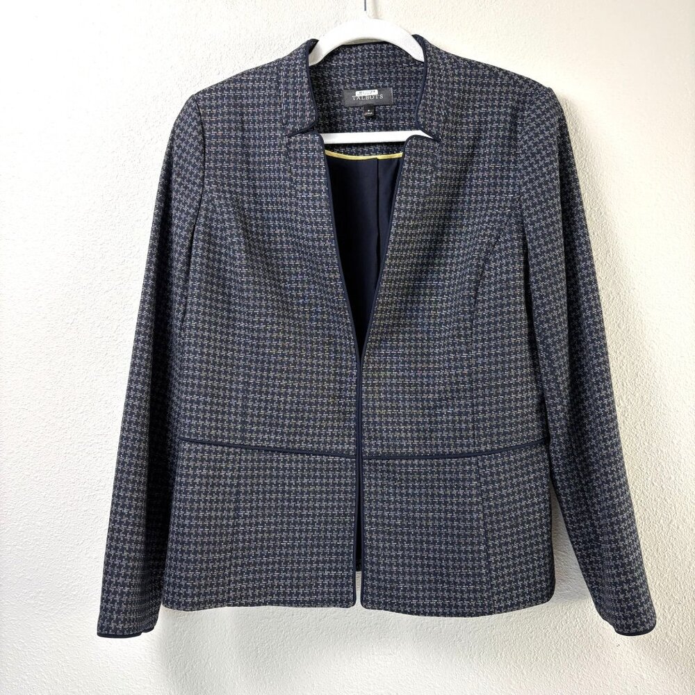 Talbots Blazer Womens 8 Navy Blue‎ Gray Houndstooth Tweed Jacket Career Office